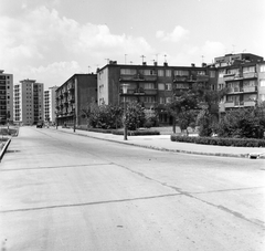 Magyarország, Budapest IX., József Attila lakótelep, Dési Huber utca a mai Valéria térnél, szemben 20 a-b házcsoport a Pöttyös utca felől nézve., 1966, FŐMTERV, Domonkos Endre, Budapest, lakótelep, utcakép, Fortepan #252235