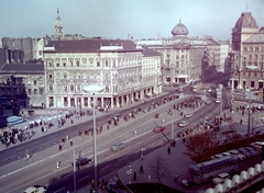 Magyarország, Budapest VII.,Budapest VIII., rálátás a Corvin Áruházból a Blaha Lujza térre és a Nagykörút - Rákóczi út kereszteződésére., 1967, FŐMTERV, Domonkos Endre, színes, Budapest, Fortepan #252477