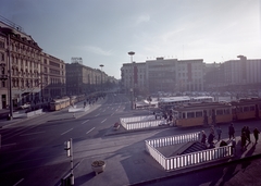 Magyarország, Budapest VIII., balra a József körút, jobbra a Blaha Lujza tér a Rákóczi út sarkán álló EMKE házból nézve., 1967, FŐMTERV, Domonkos Endre, színes, Budapest, Fortepan #252478