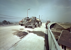 Hungary, Budapest XI.,Budapest XXII., a Leányka utcától a Fehérvári (Szabadság) út felé vezető budafoki felüljáró terheléspróbája., 1966, FŐMTERV, Budapest, colorful, sunshades, number plate, Dutra-brand, tipper, Fortepan #252480