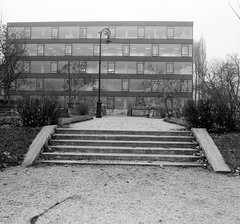 Magyarország, Budapest XIII., park a Gyöngyösi utca - Babér utca - Váci út határolta területen, háttérben a Rico Kötszerművek épülete., 1970, FŐMTERV, Domonkos Endre, Budapest, Fortepan #252841