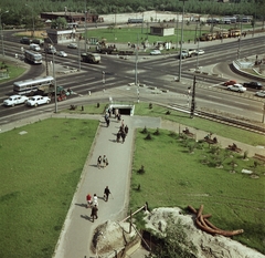 Magyarország, Budapest XIV.,Budapest X., Örs vezér tere, kilátás a Kerepesi út és a Fehér út felé., 1971, FŐMTERV, Domonkos Endre, Budapest, madártávlat, aluljáró, buszpályaudvar, villamos, Fortepan #252947