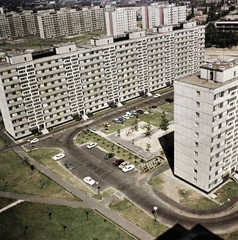 Magyarország, Budapest XI., kilátás a Fejér Lipót (Török Ignác) utca 61. számú toronyházból, szemben a Tétényi út 30-20. számú háztömb, jobbra a Bártfai utca 50-36. számú épülettömb széle látható., 1971, FŐMTERV, Domonkos Endre, Budapest, Fortepan #253038