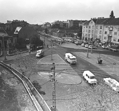 Hungary, Budapest XIV., balra a Thököly út - Bosnyák tér sarok, kilátás a Zuglói villamos kocsiszín tetejéről a Nagy Lajos király útja felé., 1972, FŐMTERV, Budapest, carbarn, bus, intersection, Fortepan #253243