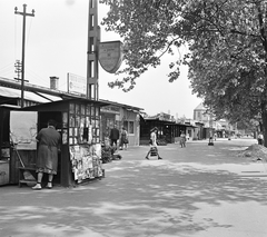 Magyarország, Budapest XIII., Lehel (Élmunkás) téri piac, háttérben az Árpád-házi Szent Margit-templom., 1973, FŐMTERV, Domonkos Endre, Budapest, újságárus, Fortepan #253387