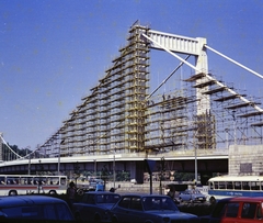 Hungary, Budapest V., Március 15. tér, szemben az Erzsébet híd., 1976, FŐMTERV, colorful, Budapest, scaffolding, bridge, Fortepan #253701