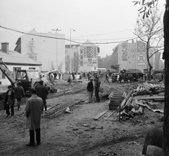 Hungary, Budapest V.,Budapest VIII., Kálvin tér az aluljáró építése idején, a Kecskeméti utca felől a Baross utca torkolata felé nézve., 1976, FŐMTERV, Budapest, tractor, protective helmet, Fortepan #253720