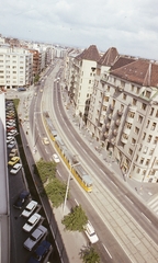 Hungary, Budapest II., Margit körút (Mártírok útja) a Kohó- és Gépipari Minisztérium épület tetejéről a Bem József utca felé nézve., 1980, FŐMTERV, colorful, tram, Budapest, Fortepan #253886