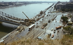 Hungary, Budapest XI., kilátás a Szent Gellért tér és a Duna felé, előtérben a Szabadság híd budai hídfője. A felvétel a híd felújításakor készült., 1980, FŐMTERV, colorful, Budapest, Fortepan #253896