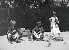 1913, Kriszt Béla, Best of, snake charmer, snake, turban, three people, Fortepan #254019