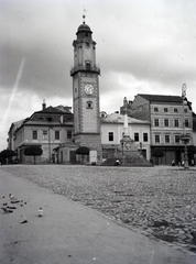 Szlovákia, Besztercebánya, Szlovák Nemzeti Felkelés (Slovenského národného povstania) tér (IV. Béla király tér), szemben az Óratorony, előtte a pestisjárvány után emelt Mária-oszlop áll., 1918, Kriszt Béla, Fortepan #254089