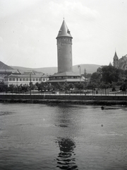 Germany, a Lahn folyó partján szemben a Wilhelmsallee-n a Quellenturm, balra a Hotel Stadt London, jobbra a Kaiser-Wilhelm-Kirche., 1916, Kriszt Béla, tower, Fortepan #254166