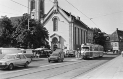 Ausztria, Graz, Glacisstrasse, balra a Kaiser-Josef-Platz 9. szám alatt az evangélikus Megváltó temploma., 1989, Otruba Ferenc és Zoltán, villamos, Fortepan #254668