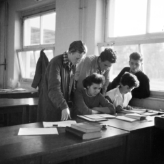 Hungary, Veszprém, Veszprémi Vegyipari Egyetem (később Pannon Egyetem), hallgatók a tanulókörben., 1958, Ungváry Rudolf, learning, Fortepan #254896