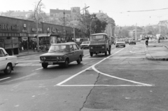 Hungary, Budapest V., Károly (Tanács) körút a Deák téri evangélikus templom és az Erzsébet (Engels) tér felé nézve. Balra az üzletsor a Gerlóczy utca és a Bárczy István utca között (később a Városháza park került kialakításra a helyén)., 1980, Bojár Sándor, Lada-brand, tram, Zuk-brand, Red Star, Budapest, Fortepan #255300