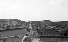 Hungary, Budapest XI.,Budapest IX., a Petőfi híd újjáépítése, háttérben a Boráros tér épületei., 1951, Bujdosó Géza, Budapest, bridge, renovation, Fortepan #255614