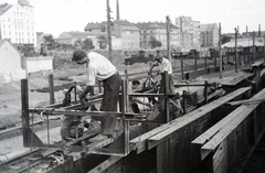 Hungary, Budapest IX., a Petőfi híd újjáépítése, az acélszerkezet szerelése a pesti hídfőnél., 1951, Bujdosó Géza, Budapest, worker, bridge, renovation, Fortepan #255643