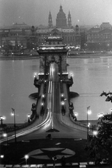 Hungary, Budapest I., Clark Ádám tér és a Széchenyi Lánchíd a budai Várból nézve., 1969, Kovács László Péter, Danube, Budapest, suspension bridge, William Tierney Clark-design, Fortepan #25570