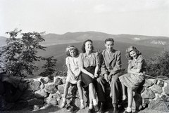 Hungary, Budapest II., Nagy-Hárs-hegy, kilátás a Hármashatár-hegy felé., 1949, Hámornik Balázs, Budapest, smile, tableau, youth, freestone, sitting on a wall, Fortepan #255752