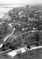 Magyarország, Gellérthegy, Budapest XI., kilátás a Petőfi híd és az Összekötő vasúti híd felé, előtérben a Gellért Szálló és a Gyógyfürdő., 1966, Kovács László Péter, látkép, Budapest, Fortepan #25583