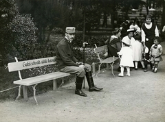 Hungary, Budapest VIII., Múzeumkert, sebesült és üdülő katonák részére fenntartott pad., 1915, Országos Széchényi Könyvtár, Budapest, soldier, label, bench, Fortepan #256107