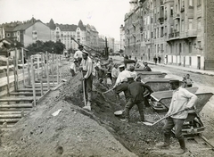 Hungary, Budapest XI., Villányi út (Szent Imre herceg útja), orosz hadifoglyok csatornát építenek, háttérben a távolban a Karinthy Frigyes (Verpeléti) út házsora látszik., 1915, Országos Széchényi Könyvtár, Budapest, crane, railway cart, shovel, Soviet soldier, Fortepan #256129