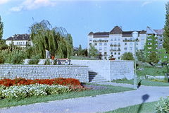 Hungary, Budapest XI., park a Feneketlen-tó mellett, szemben a Villányi út - Fadrusz utca sarkán álló épület látható., 1960, Fortepan/Album068, Budapest, colorful, flower bed, Fortepan #256285