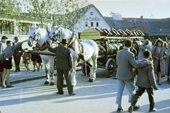 Magyarország, Budapest X., Albertirsai úti vásár területe, Országos Mezőgazdasági Kiállítás és Vásár., 1959, Közösségi Szociális Szövetkezet, Budapest, színes, hordó, lovaskocsi, Fortepan #256564