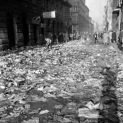 Magyarország, Budapest VI., Dohnányi Ernő (Szófia) utca, elégetett könyvek a Teréz (Lenin) körút sarkán álló Horizont szovjet könyv és zenemű bolt előtt., 1956, Tildy Istvánné, utcakép, forradalom, cégtábla, képarány: négyzetes, papír, fényképész, Budapest, Fortepan #256581