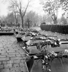 Magyarország, Budapest VIII., Fiumei úti Nemzeti Sírkert (Kerepesi temető), az 1956-os forradalom alatt elhunytak koporsói., 1956, Peter, Isaac, forradalom, virágcsokor, koporsó, temető, Budapest, Fortepan #256754