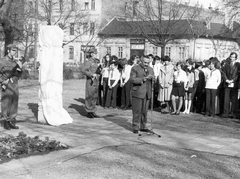 Magyarország, Budapest IX., Ferenc tér, Barátság emlékoszlop avatása, Weéber Klára alkotása., 1976, Ferencvárosi Helytörténeti Gyűjtemény, úttörő, szobor, avatás, ünnepség, munkásőr, Kalasnyikov, mikrofon, gépfegyver, Budapest, FÉG AK-63, Fortepan #25718