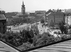 Magyarország, Budapest VIII.,Budapest V.,Budapest IX., Kálvin tér a Magyar Nemzeti Múzeum tetejéről nézve., 1960, Ferencvárosi Helytörténeti Gyűjtemény, templom, teherautó, utcakép, városkép, villamos, látkép, automobil, Budapest, Fortepan #25752