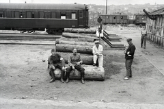 Ukrajna, Kijev, teherpályaudvar, a 154-es számú vöröskeresztes kórházvonat katonai személyzetének két tagja pihenőn., 1942, Reményi József, farönk, Fortepan #257578