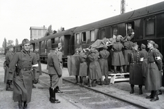 Magyarország, Kecskemét, vasútállomás, a 154-es számú vöröskeresztes kórházvonatból hordágyon emelik ki a sebesült katonát., 1942, Reményi József, Best of, kórházvonat, Fortepan #257590