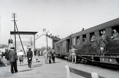 Hungary, Budapest VIII., a 154-es számú vöröskeresztes kórházvonat a Józsefvárosi pályaudvaron., 1942, Reményi József, bench, hospital-train, train station, camouflage, Budapest, Fortepan #258076