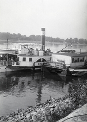 Magyarország, Budapest IV., Üdülő sor, Újpest-Megyer hajóállomás. Szemben a Szentendrei-sziget., 1954, Reményi József, Budapest, hajóállomás, gőzhajó, Ercsi/MÁV I. hajó, lapátkerekes hajó, Fortepan #258364