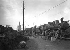 Hungary, 1955, UVATERV, steam locomotive, Hungarian Railways, railway, Hungarian brand, aerial wire, MÁV Class 324, coal loader, Fortepan #2585