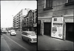 Magyarország, Óbuda, Budapest III., a balra lévő képen a Flórián tér 3-as számú házban a Felszabadulás mozi. A jobbra lévő képen a Flórián tér 1-es szám, a Budapesti Rádiótechnikai Gyár (BRG), az egykori Dohánygyár épülete., 1971, Reményi József, Budapest, középület, plakát, eszpresszó, autóbusz, mozi, filmplakát, Fortepan #258537