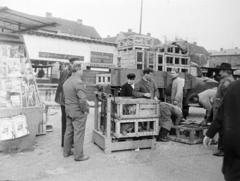 Magyarország, Óbuda, Budapest III., Óbudai piac a Kórház utca - Szél utca - Verőfény utca - Vihar utca által határolt területen., 1969, Reményi József, teherautó, láda, mérleg, piac, újságárus, Budapest, Fortepan #258590