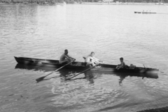 Magyarország, Budapest III.,Budapest IV., Pünkösdfürdő, fent balra a Szentendrei-sziget csúcsa, a Duna túlpartján az újpesti Üdülő sor., 1956, Reményi József, Budapest, evezés, Fortepan #258647