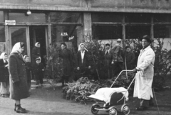 Magyarország, Budapest XIII., a felvétel a Béke utca - Övezet utca sarkán álló ház előtt készült., 1955, Reményi József, Budapest, eladó, munkaköpeny, tréfálkozás, babakocsi, zománctábla, vásár, fenyőfa, Fortepan #258710