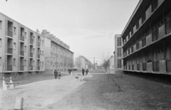 Magyarország, Budapest XIII., balra az Övezet utca 10. és a Gyermek tér 8/a-8/f, jobbra a Béke utca 120. számú ház, 1955, Reményi József, Budapest, utcakép, lakótelep, Fortepan #258731