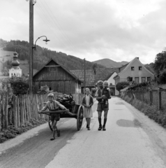 Ausztria, Oberzeiring, 1956, UWM Libraries, Eugene Vernon Harris, képarány: négyzetes, kézben tartani, család, kordé, Fortepan #258952