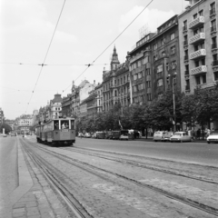 Czech Republik, Prague, Vencel tér (Václavské námestí)., 1961, UWM Libraries, street view, tram, rails, Show window, Czechoslovakia, Fortepan #259100