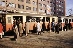 Szlovákia, Pozsony, námestie Slovenského národného povstania (egykor Vásár tér, ekkor Sztálin tér) a Spitalská (Kórház) utca felé nézve., 1960, UWM Libraries, Harrison Forman, színes, villamos, plakát, Fortepan #259122