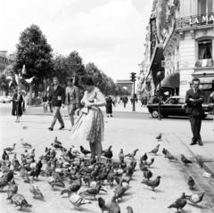 Franciaország, Párizs, Avenue des Champs-Elysées, a Rue la Boétie sarkánál., 1958, UWM Libraries, képarány: négyzetes, állás keresztbevetett lábakkal, pöttyös ruha, csíkos ruha, galamb, Fortepan #259208