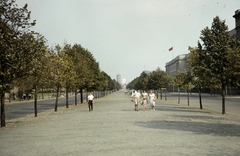 Germany, Berlin, Kelet-Berlin, Unter den Linden, háttérben szemben a Vörös Városháza (Rotes Rathaus) tornya, jobbra a vörös zászlós épület az orosz (ekkor szovjet) nagykövetség., 1961, UWM Libraries, East-Berlin, GDR, colorful, Fortepan #259371