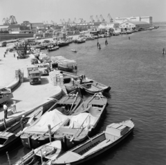 Olaszország, Velence, látkép a Ponte della Libertà-ról Tronchetto felé., 1956, UWM Libraries, képarány: négyzetes, csónak, daru, kikötő, Fortepan #259553