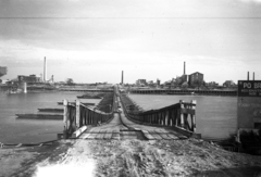 Olaszország, a Pó folyó feletti, Ferrara és Santa Maria Maddalena közötti összeköttetést biztostó pontonhídat az Egyesült Királyság VIII. hadserege létesítette., 1946, UWM Libraries, Harriet Helen Werley, felirat, ideiglenes híd, Fortepan #259607