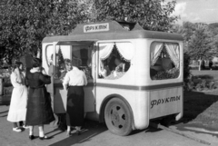 Oroszország, Moszkva, Gorkij-park., 1939, UWM Libraries, Harrison Forman, gyümölcsárus, cirill írás, pótkocsi, pavilon, Fortepan #259931